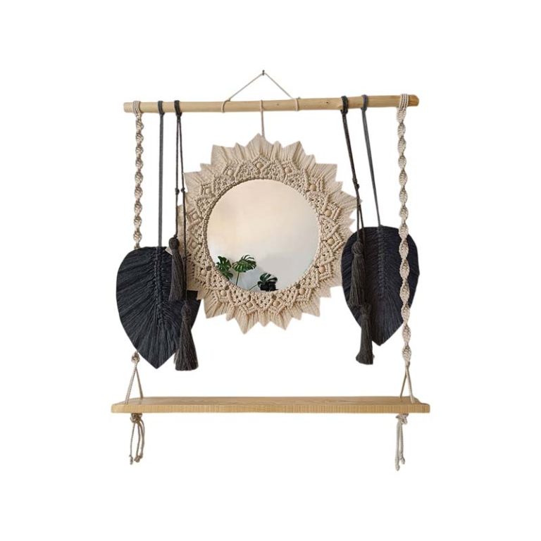 شلف دیواری مکرومه طرح برگ سفید مشکی